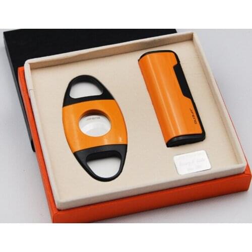 JiFENG 1 TORCH JET FLAME Cigar Lighter and Cigar Cutter / Scissors Red or Orange Color Cigar Set, Portable Cigar Accessories