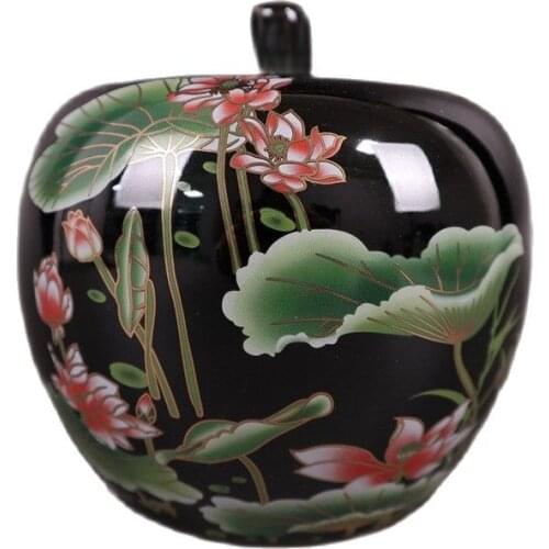 China Jingdezhen Porcelain Ebony Glazed Lotus Pattern Apple Jar