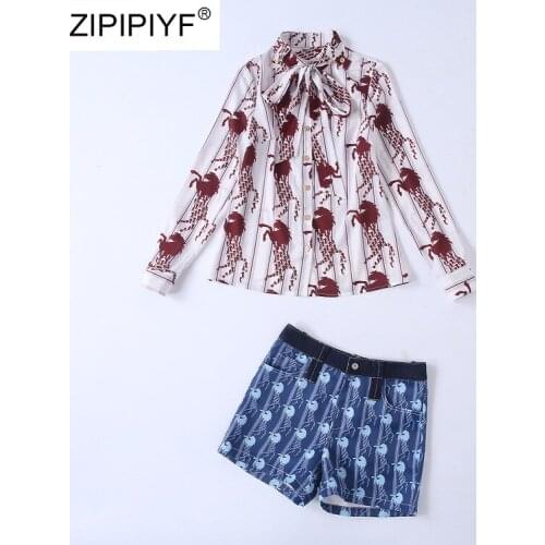 Spring Suit Female 2 Pieces Set Women Bow Tie Wrap Shirt & Buttonfly Short Pant Suits Holiday Casual Clothing H6406