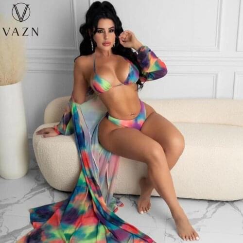 VAZN 2021 Summer Full Sleeve Holiday Swimming Bikini Print Suits 2 Piece Set Women Top And Pant