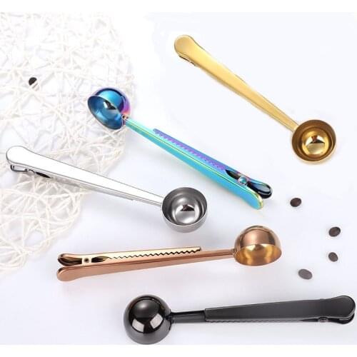 Two-in-one Multifunction Coffee Spoon Stainless Steel Kitchen Supplies Scoop With Bag Seal Clip Coffee Measuring Spoon