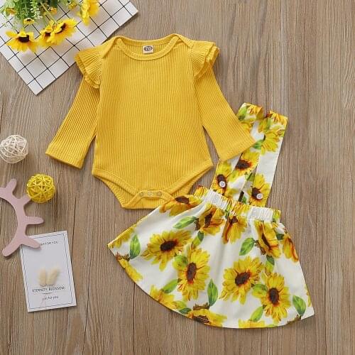 Autumn Newborn Toddler Baby Girls Clothing 2 Piece Set Long Sleeve Romper+Sunflower Printed Skirts Baby Girls Outfits 3-24M