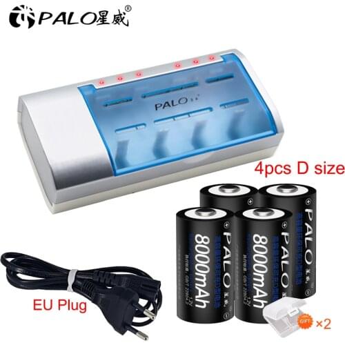 PALO Battery Charger For 1.2V AA/AAA/SC/C/D/9V Rechargeable Battery+8000mah Rechargeable Batteries Type D Size Rechargeable
