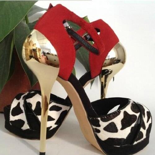 Sexy Ladies Leopard Dot Horse Hair Patched Gold Bling High Heels Sandals Women Platform Ankle Strap Party Dress Sandalias Shoes