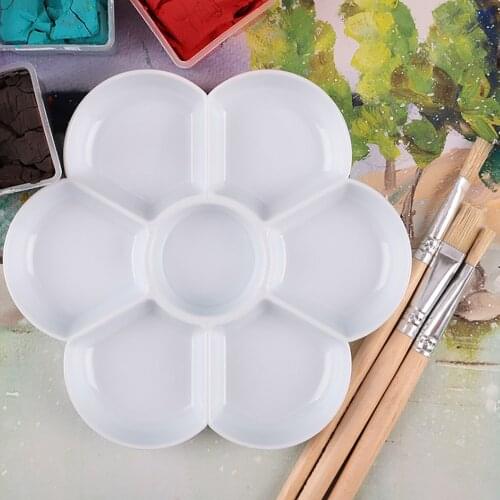 Flower Shaped Plastic Art Palette 7 Well Painting Dish Tray Mixing Palettes For Oil Acrylic Watercolor Gouache
