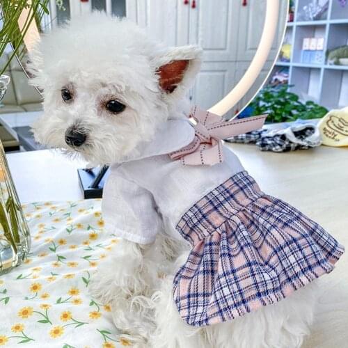 Dog Dress Bow-knot Decor Turndown Collar Polyester Plaid Printing Pet Skirt Dog Party Dresses Summer 2021