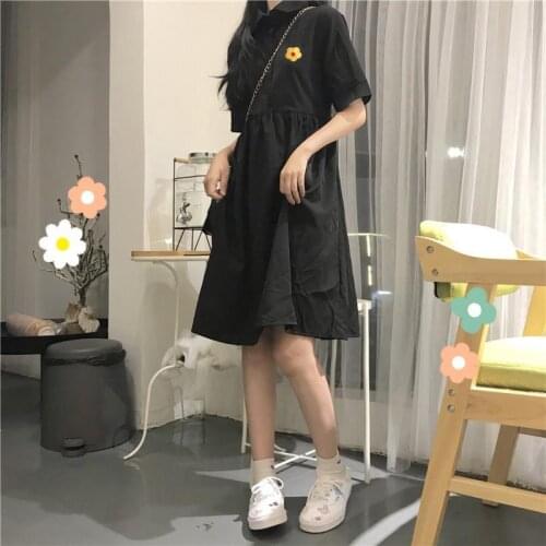 Dress Women Black Holiday Female Clothing Floral Embroidery Summer Dresses Lovely French Short Sleeve Lapel Fashion Short Sleeve