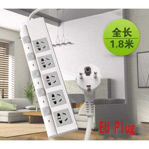 EU Plug Outlet AC Power Charger Wall Socket Plug Mains Lead Strip Adapter With 1.8M Extension Cable Independent Switch