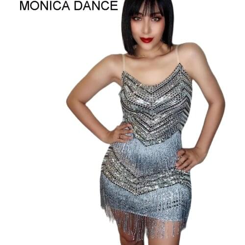 Sexy Stage Glisten Silver Rhinestone Gray Fringe Spandex Short Dress Birthday Celebrate Prom Wear Women Dancer Bar Dance Dress