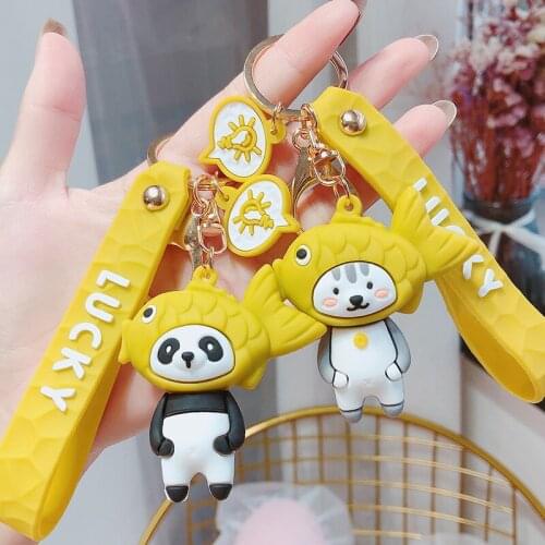 Cute Cartoon Doggy Cat Panda Lucky Animal Keychain Key Chain Women Kids Toys Rubber Trinkle Key Ring Chains Car Bag Charm D783