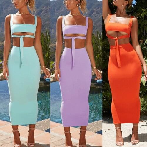 Echoine Hollow Out Lace Up Crop Tank Top Skinny Pencil Skirt Set Two Piece Set Summer Sexy Skinny Bodycon Party Club Outfits
