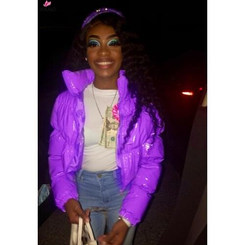 Autumn Winter Women Bright PU Puffer Jackets Warm Bubble Coat Down Parka Outcoat Zipper Jacket Pink Cute Cropped Parka XXL