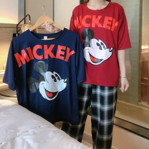 Plus Size Loose Disney Mickey Mouse Cute Kawaii Pyjama Ensembles Summer 2021 Short Sleeve Tops and Plaid Pants Ladies 2 Pieces
