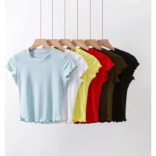 O-neck tees short sleeve women crop tops Lettuce Edge Casual T-Shirts summer ladies slim streetwear tops 6color
