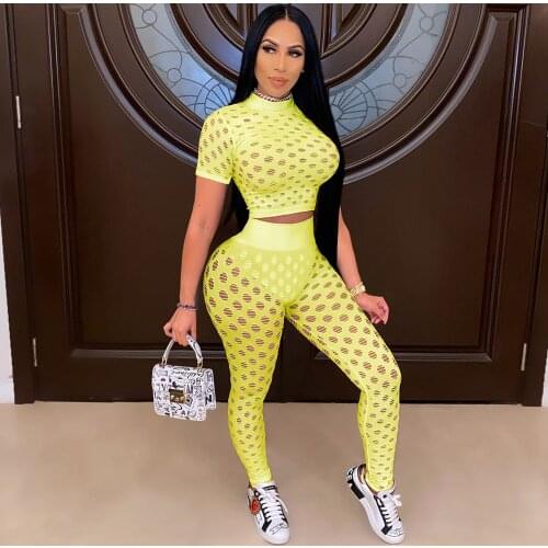 Sexy Hollow Out Sheer Two Piece Set Women Summer Clothes Short Sleeve Crop Top+High Waist Leggings Active Matching Sets Outfits