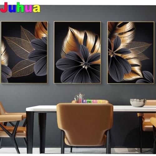 Luxury Blossom Leaves full square diamond painting 5d diy embroidery diamond mosaic handmade Nordic Black Copper Wall Art,3 pcs