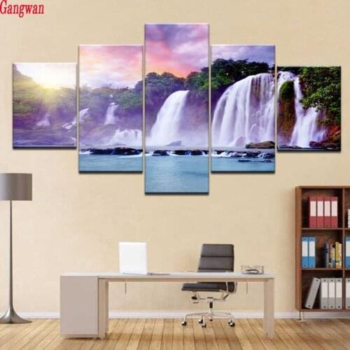 5D Diy diamond painting cross stitch 5 pcs sets Waterfall Scenic Full Square round Diamond embroidery Rhinestone Mosaic painting