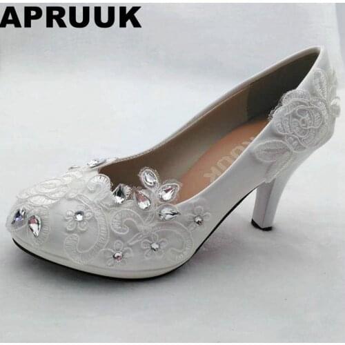 White lace wedding shoes round toe high heel crystal rhinestones bridal brides party wedding pumps shoes drop shipping