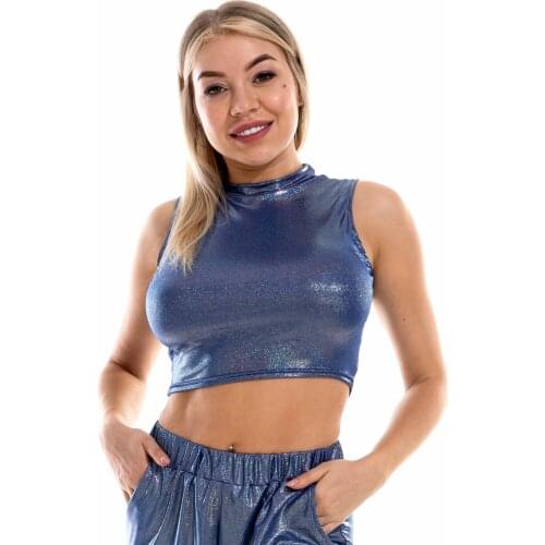 Shiny Holographic Metallic Tank Tops Vest Sexy Slim Turtleneck Sleeveless Crop Top Women Cropped Tops For Rave Club Dance