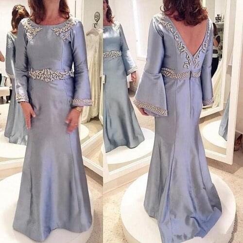 Elegant Silver Mother Of The Bride Dresses Saudi Arabia Satin Evening Gowns Long Sleeves Prom Dresses Backless Appliques Beads M