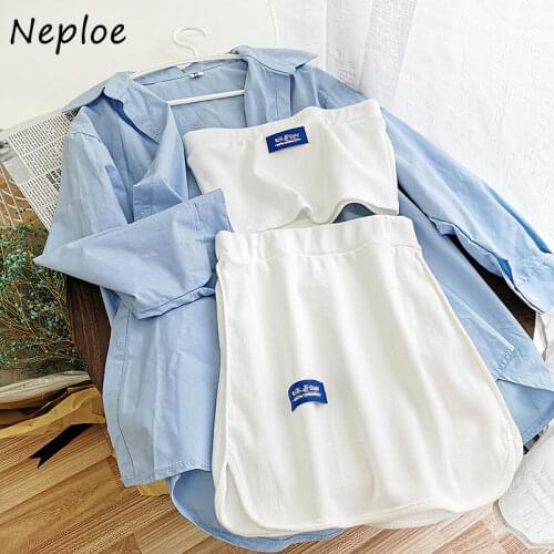 Neploe Three Piece Set Women Summer 2021 New Fashion Tank Rump Skirt and Solid Turn-down Collar Shirts Female Suits 82259