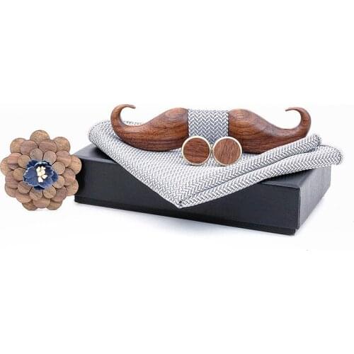 Linbaiway 20213D Wood Bow Ties Sets for Mens Suits Wooden Bowties Pocket Square Cufflinks Brooch with Box for Wedding Gifts