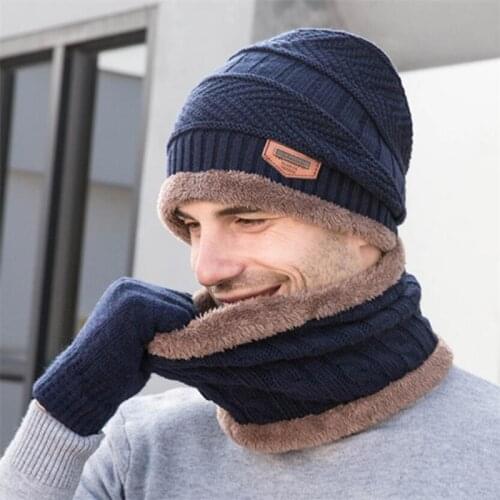 2019 Men Winter Knitted Hat And Scarf Gloves Set Women Warm Plush Hat 3 Piece Sets Male Outdoor Ski Cap Ring Scarves Solid Man