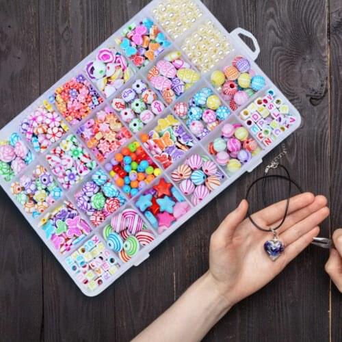 Children Acrylic DIY Handmade Beaded Toy Set Colorful Beads Box 24 Grid Girl Jewelry Making Toys Wear Beads With Accessory Set