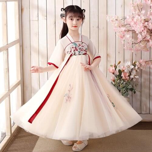 New spring summer girl Hanfu dress fairy elegant Chinese style thin super fairy costume for 140cm 10 11 12 years old Tang dress