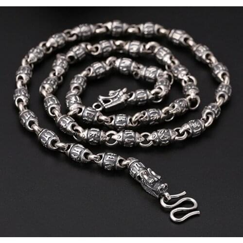 BOCAI New Real S925 sterling silver jewelry 6MM trend personality six-character mantra barrel beads dragon head Man necklace