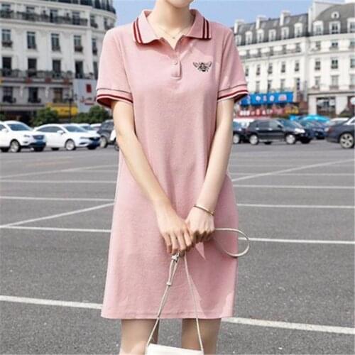 2021 Women Polo Dress Summer Striped Embroidery T-shirt Dresses Female Casual Loose Turn-down Collar Preppy Style Mini Vestidos