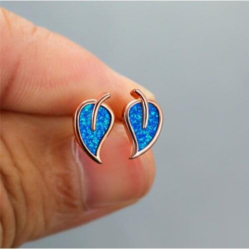 Simple Female White Blue Opal Earrings Rose Gold Silver Color Wedding Earring Charm Bridal Leaf Small Stud Earrings For Women