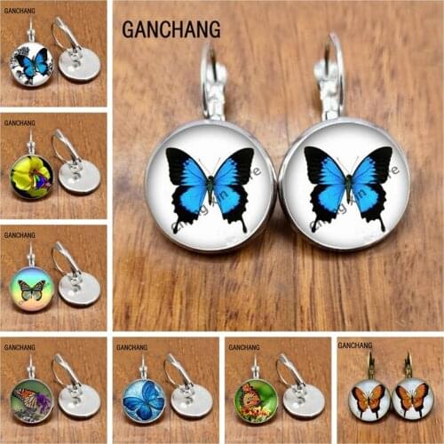 Romantic white and blue butterfly art painted earrings, butterfly and flower motif round glass photo earrings, wedding gift