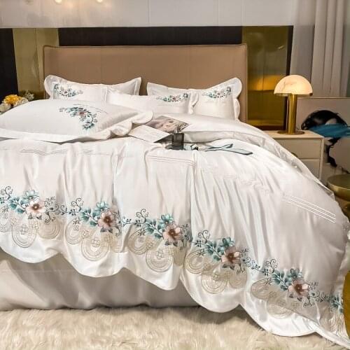 Luxury Elegant Rose Flower Embroidery Satin Silk Cotton Bedding Set Smooth Double Duvet Cover Bedlinen Girls Princess Bedclothes