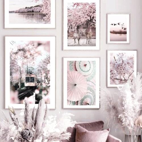 Pink Mount Fuji Cherry Blossom Train Deer Wall Art Canvas Painting Nordic Posters And Prints Wall Pictures For Living Room Decor