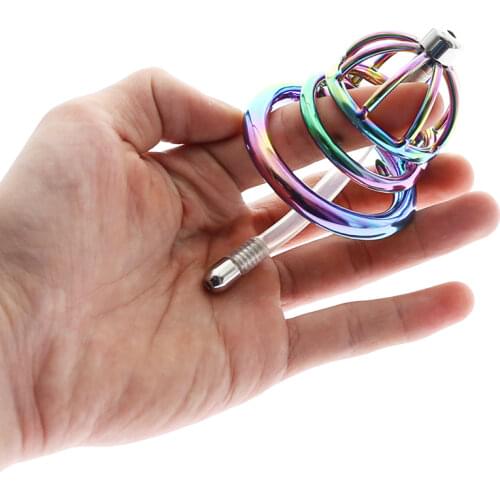 BDSM Rainbow Cock Cage With urethral catheter Stainless Steel Cock Ring Stealth Lock Chastity Cage Chastity Device