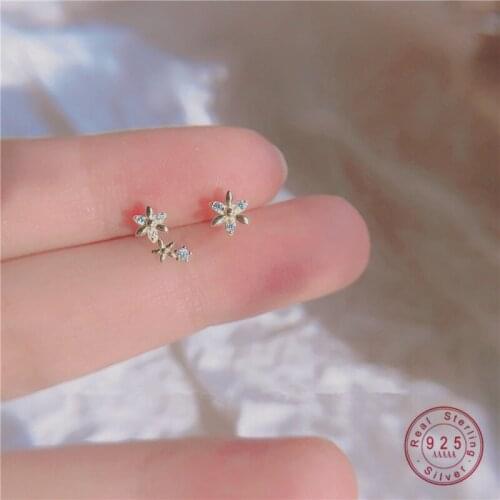 925 Sterling Silver French Asymmetrical Creative Crystal Flower Plating 14k Gold Earrings Women Sweet Romantic Dating Jewelry