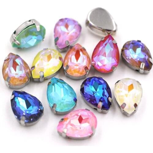 Teardrop shape Mocha fluorescence sliver base sewing claw flatbak glass crystal rhinestones for clothing/wedding decoration