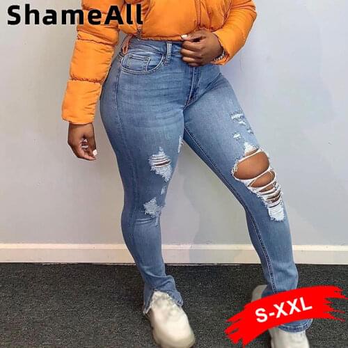 Street Ripped Skinny Stretch Stacked Jeans Women Vintage Distressed Slit Big Holes Sexy Denim Pants Indie Aesthetic Bell Bottoms