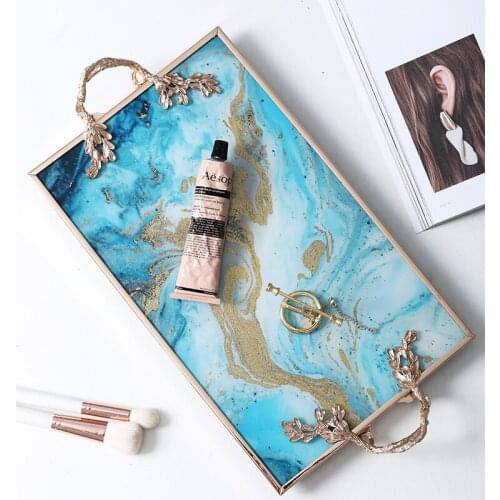 Gold Metal Branch Handle Rectangle Tray Decor Glass Art Luxury Jewelry Storage Tray Coffee Table Drinkware Serving Platter