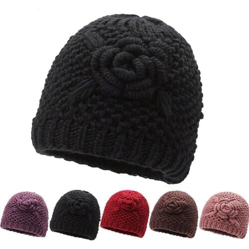 Women Warm Flower Beanie Cap Hat Lady Autumn Winter Thick Knitted MOM Grandmother Cap Hat For Women