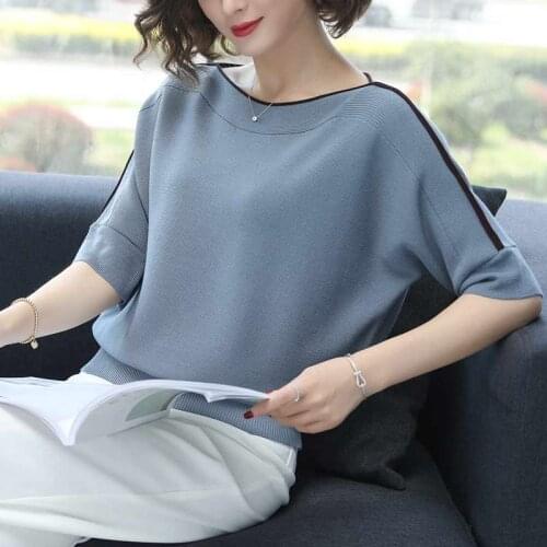 2021 Splicing Striped Batwing Half Sleeve Women Thin Pullovers Loose Purple Knitted Tshirt Femme Slash Neck Elastic Elegant Tops