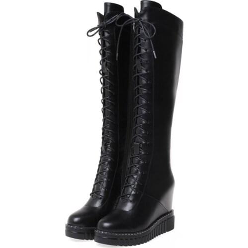 New Thigh High Creepers Women Lace Up Genuine Leather Knee High Motorcycle Boots Female Winter Wedges High Heel Fashion Sneakers