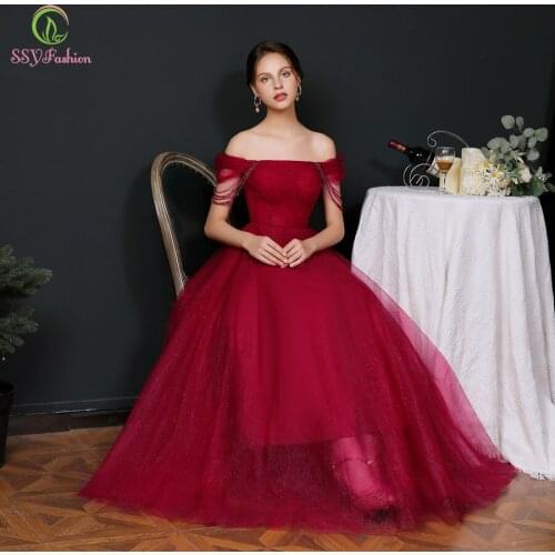SSYFashion New Banquet Elegant Evening Dress Wine Red Crystal Tassel Beading Long Prom Formal Gowns for Women Vestido De Fiesta