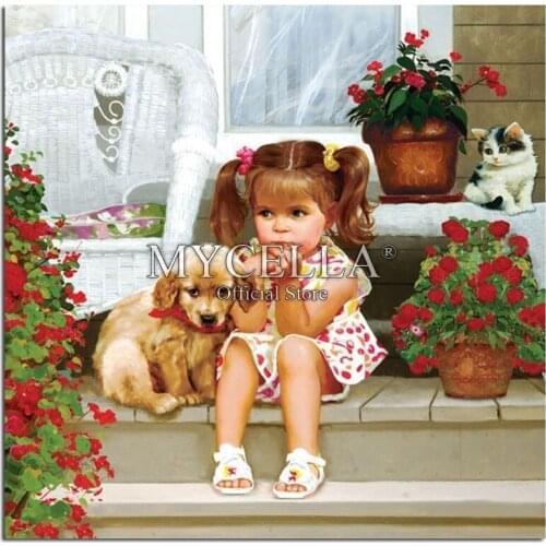 Girl & Dog 5D DIY Diamond Painting Cross Stitch Needlework Full Round Rhinestone Mosaic Diamond Embroidery Home Decor Crafts