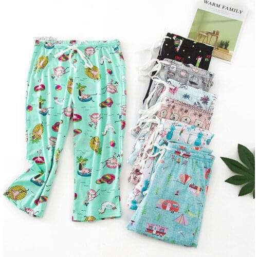 Big Size Sleep Bottom Mom Cotton Long Pants Women Home Sleepwear Print Cartoon Sexy Pajamas Soft Slip Femme Elastic Waist Pant
