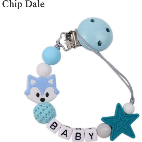 Chip Dale Personalized Name Mini Fox Teether Beads Baby Silicone Pacifier Clip Chains Wood Clip Anti-lost Pacifier Chain