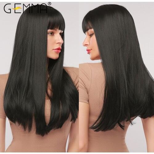 GEMMA Cosplay Long Straight Black Synthetic Wigs with Bangs for Women African American Lolita Daily Party Heat Resistant Fibre