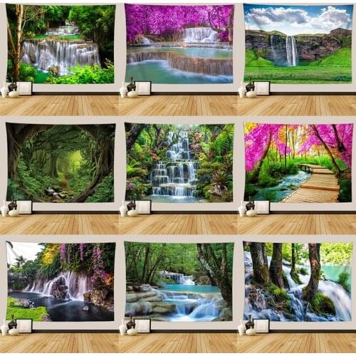 Nature Waterfall Tapestry Wall Forest Wood Bridge Aesthetic Room Decor Wall Hanging Tapestries Mandala Tree Landscape Art Carpet