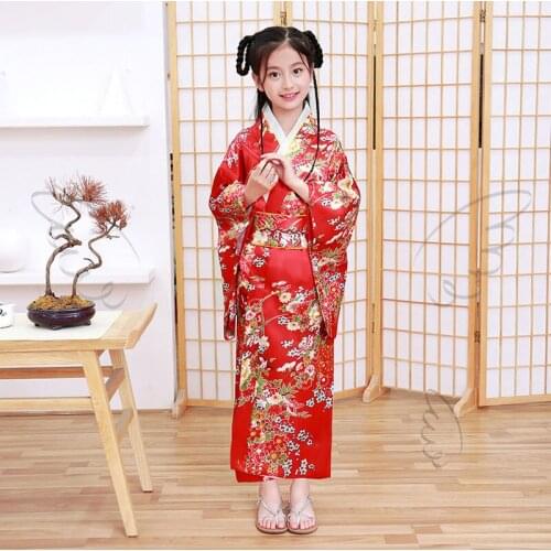 Cosplay Costume Yukata Japanese National Young Girls Kimono with Obi Dance Dress Gown Vintage Print Floral Stage Show Clothing